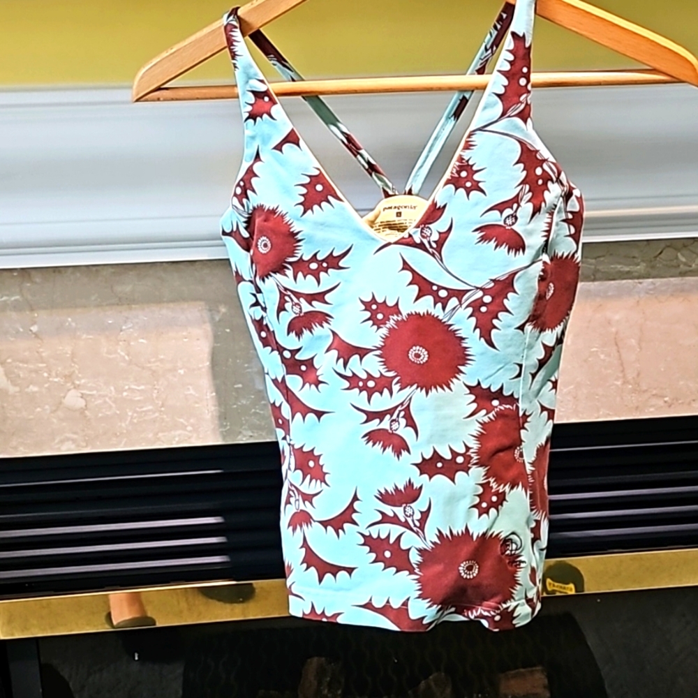 Patagonia Floral V-Neck Camisole in Aqua and Rust Red